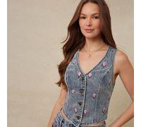 Top in denim con scollo a V, senza maniche, con bottoni anteriori e ricamo floreale a rose, in misto cotone, adatto per l'estate, concerti country e rodei a Nashville L,M,S,XL,XSFrutta & verdura,stamp