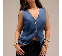 Top in jeans lavato blu smanicato scollo a V, adatto per donne in occasioni estive come compleanni, uscite casual, stile anni '90, festival, vacanze, concerti country, addii al nubilato, lauree L,M,S,