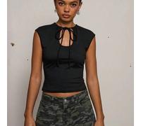 Top in jersey con maniche a cappuccio e taglio frontale / Abbigliamento primaverile Y2K per donne Top neri carini e sexy per donne per uscire Top da festa Top da rave Outfit estivi Top estivi per donn