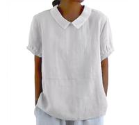 Top in lino da donna con colletto alla Peter Pan a maniche corte camicia allentata floreale a righe fiore tinta unita vintage casual camicie leggere estive traspiranti camicette, 02-a-bianco, XL