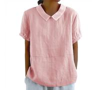 Top in lino da donna con colletto alla Peter Pan a maniche corte camicia allentata floreale a righe fiore tinta unita vintage casual camicie leggere estive traspiranti camicette, 02-a-rosso, L