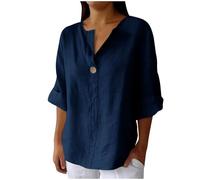 Top in Lino di Cotone Estivo per Donna con Collo a V a Nodino Tinta Unita Camicette Casual a Vestibilità Sciolta con Maniche 3/4 Camicie da Donna a Manica Lunga Plus Size Henley Oggi 2025, Marina