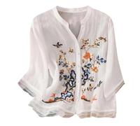 Top in lino per donne UK Camicette casual in lino per ufficio Camicette floreali ricamate in cotone Camicie per le vacanze Stile boho etnico T-shirt da donna a 3/4 maniche con scollo a V Tunico