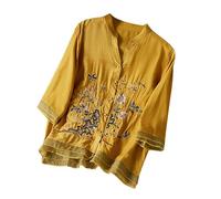 Top in lino per donne UK Camicette casual in lino per ufficio Camicette floreali ricamate in cotone Camicie per le vacanze Stile boho etnico T-shirt da donna a 3/4 maniche con scollo a V Tunico