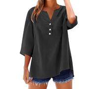 Top in lino per le donne 2025 estate alla moda magliette a maniche corte Allenamento Button Down Plus Size Camicia in lino di cotone, 1b-nero, M