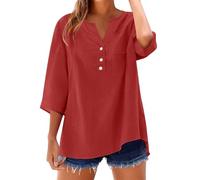 Top in lino per le donne 2025 estate alla moda magliette a maniche corte Allenamento Button Down Plus Size Camicia in lino di cotone, 1b-rosso, 4XL
