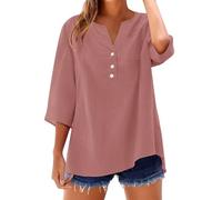Top in lino per le donne 2025 estate alla moda magliette a maniche corte Allenamento Button Down Plus Size Camicia in lino di cotone, 1b-anguria Rosso, 5XL