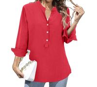 Top in lino taglie forti da donna con scollo a V a maniche lunghe con bottoni camicie da lavoro per ufficio camicetta estiva spiaggia vacanze tuniche, Rosso, S