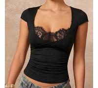 Top in maglia aderente in vita con patchwork in pizzo nero estivo da donna, stile sexy chic per uscite serali, dalla spiaggia alle serate, con un tocco di lusso discreto per ogni occasione L,M,S,XSPia