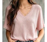 Top in maglia da donna con patchwork in pizzo, scollo a V, casual, romantico, elegante e versatile, adatto per uso quotidiano, brunch, cena e appuntamenti, rosa antico, estivo L,M,S,XLColore unicoTess