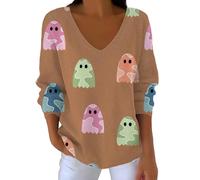 Top in maglia di Halloween per le donne maglioni caldi da donna scollo a V manica lunga Halloween poco speciale stampata maglietta camicetta per casa all'aperto regali per feste, Oro, L