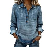 Top in maglia patchwork autunnale da donna, colletto in denim con risvolto a maniche lunghe pullover a mezze bottoni casual vestibilità ampia camicia a blocchi di colore, Blu mare, L