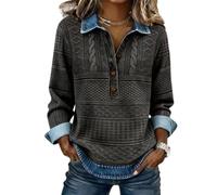 Top in maglia patchwork autunnale da donna, colletto in denim con risvolto a maniche lunghe pullover a mezze bottoni casual vestibilità ampia camicia a blocchi di colore, Grigio scuro, 3XL