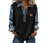 Top in maglia patchwork autunnale da donna, colletto in denim con risvolto a maniche lunghe pullover a mezze bottoni casual vestibilità ampia camicia a blocchi di colore, Nero , L