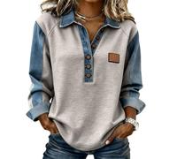 Top in maglia patchwork autunnale da donna, colletto in denim con risvolto a maniche lunghe pullover a mezze bottoni casual vestibilità ampia camicia a blocchi di colore, Granny Gray, XXL