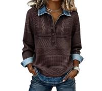 Top in maglia patchwork autunnale da donna, colletto in denim con risvolto a maniche lunghe pullover a mezze bottoni casual vestibilità ampia camicia a blocchi di colore, Marrone scuro, S