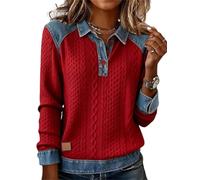 Top in maglia patchwork autunnale da donna, colletto in denim con risvolto a maniche lunghe pullover a mezze bottoni casual vestibilità ampia camicia a blocchi di colore, Borgogna, XL