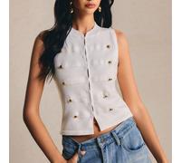 Top in maglia senza maniche da donna - Elegante canotta con bottoni frontali, chic e aderente, maglieria estiva stile Napoleone, top bianco Y2K per uscire autunno/estate L,M,S,XSColore unicoTessuto in