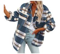 Top in pile da donna giacca soffice 2025 camicie a quadri spazzolate a maniche lunghe in flanella con risvolto con bottoni giacca cappotti in peluche per regali di Natale, Blu, L