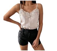 Top in pizzo da donna elegante bianco - Canottiera lunga con pizzo, canottiera senza maniche, scollo a V, elegante, canottiera estiva Camisoles Spaghetti Strap Tops, cachi, L