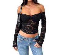 Top in pizzo da donna, maglietta a maniche lunghe con stampa floreale senza spalline, sexy slim fit, y2k top trasparente maniche lunghe, Nero , M