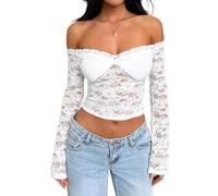 Top in pizzo da donna, maglietta a maniche lunghe con stampa floreale senza spalline, sexy slim fit, y2k top trasparente maniche lunghe, bianco, S