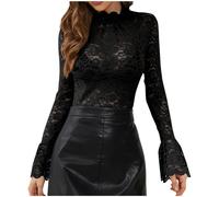 Top in pizzo da donna sexy, top in rete trasparente, maglietta a maniche lunghe con scollo a V, blusa trasparente, maglietta Y2k Clothes, top in pizzo trasparente, blusa in pizzo con pizzo, top in