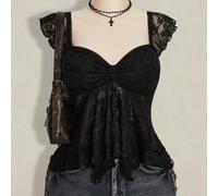 Top in pizzo nero da donna taglie forti, stile retrò sexy e alla moda, urbano moderno millennial Y2K, elegante da pendolare, con scollo a V, maniche arricciate e orlo asimmetrico 0XL,1XL,2XL,3XL,4XLCo
