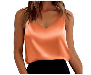 Top in raso senza maniche, donna, scollo a V, ampio, camicetta canotta, look lussuoso