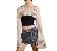 Top in rete a maniche lunghe Y2k Crop Top Crochet Scialle Vedere Attraverso Calze a rete Coprispalle Maglia Bolero Maglione Bikini Cover Ups, bianco, S