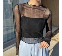Top in rete trasparente con bordo a lattuga, senza sottocamicia, top da uscire, top da festival a maniche lunghe per donne, abbigliamento autunnale da donna L,M,S,XL,XSColore unicoTessuto