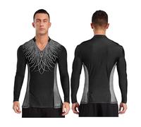 Top latino da uomo Mens Ballet Practice Dance Shirt V Neck Side Mesh Latin Bodysuit Ice Skating Dancewear for Tango Salsa Stage(Black,XL)