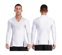 Top latino da uomo Mens Ballet Practice Dance Shirt V Neck Side Mesh Latin Bodysuit Ice Skating Dancewear for Tango Salsa Stage(White,L)