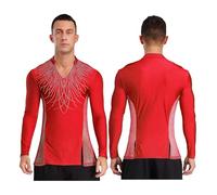 Top latino da uomo Mens Ballet Practice Dance Shirt V Neck Side Mesh Latin Bodysuit Ice Skating Dancewear for Tango Salsa Stage(Red,XL)