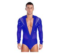 Top latino da uomo Mens Deep Latin Dance Leotard Sheer Mesh Sequined Tassels Bodysuit for Salsa Competition Stage Performance(Blue,L)
