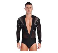 Top latino da uomo Mens Deep Latin Dance Leotard Sheer Mesh Sequined Tassels Bodysuit for Salsa Competition Stage Performance(Black,XXL)