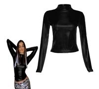Top Lucidi a Maniche Lunghe da Donna, Dolcevita con Collo a Finta Metallizzato, Tunica con Pullover Casual Slim Fit per Abbigliamento da Club, Camicetta a T in Pelle Tinta Unita, Canotte Sexy da Festa