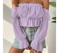 Top, lunghezza regolare, resistente alle pieghe, colletto increspato, camicetta plissettata in chiffon con design a spalle scoperte, per donne, per tutti i giorni, vacanze, club, primavera, estate