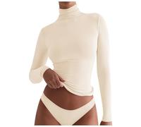 Top manica lunga da donna Slim Fit Crop Top con collo alto Basic a taglio stretto per uscire T-shirt invernali Canottiera con glitter (Beige, XL)