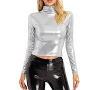 Top metallico da donna a maniche lunghe da donna a maniche lunghe lucido top, collo a lupetto top a collo alto tinta unita in pelle look t-shirt basic versatile Dance Club t-shirt leggera con