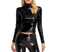 Top metallico da donna a maniche lunghe da donna a maniche lunghe lucido top, collo a lupetto top a collo alto tinta unita in pelle look t-shirt basic versatile Dance Club t-shirt leggera con