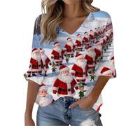 Top natalizio a maniche lunghe da donna camicetta da donna elegante stampa artistica retrò scollo a V sciolto manica media tunica per la vita quotidiana regali di Natale, blu cielo, M