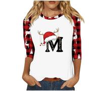 Top natalizio da donna 2025 maglietta da donna autunno/inverno manica a sette quarti stampa lettere di Natale maglietta a maniche lunghe tuniche per festival regali di Natale quotidiani, Rosa acceso