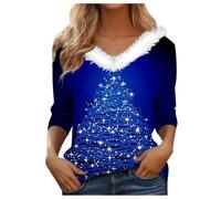 Top natalizio da donna, alla moda, a maniche lunghe, traspirante, in pile stampato, con scollo a V, stile vintage Y2k, Blu scuro, M