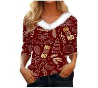 Top natalizio da donna con morbido scollo a V autunnale con stampa a cartoni animati pullover classico a maniche lunghe felpa vintage da donna per attività all'aperto, Rosso, 3XL