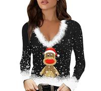 Top natalizio da donna con stampa divertente fiocco di neve con bordo in pelliccia sintetica felpe con scollo a V a maniche lunghe felpe con cappuccio novità camicie per le vacanze di Natale Camicetta