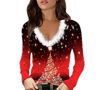 Top natalizio da donna con stampa divertente fiocco di neve con bordo in pelliccia sintetica felpe con scollo a V a maniche lunghe felpe con cappuccio novità camicie per le vacanze di Natale Camicetta