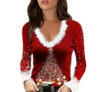 Top natalizio da donna con stampa divertente fiocco di neve con bordo in pelliccia sintetica felpe con scollo a V a maniche lunghe felpe con cappuccio novità camicie per le vacanze di Natale Camicetta