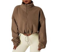 Top natalizio in pile da donna giacca soffice 2025 giacca da donna con zip intera, calda a maniche lunghe, collo alto, cappotto in peluche per regali di Natale, Marrone, L