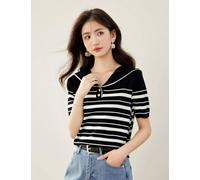 Top Nero A Righe Bianche Colletto Sailor E Bottoni Dorati Stile Casual Mare